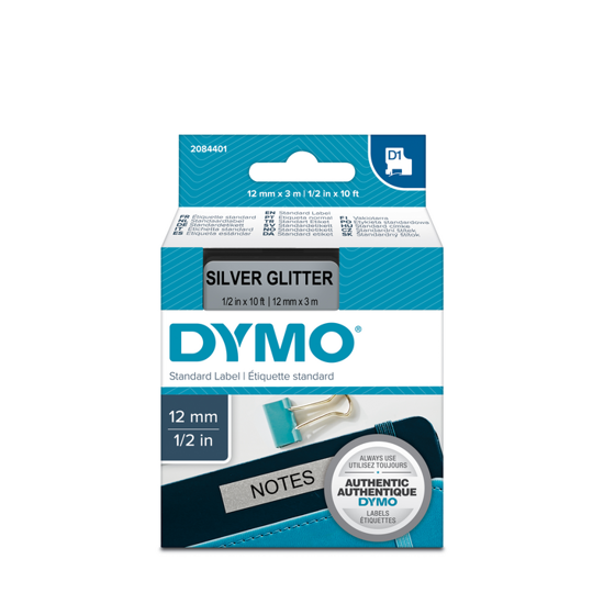 Dymo tape D1, 12mm x 3m, zwart/zilver